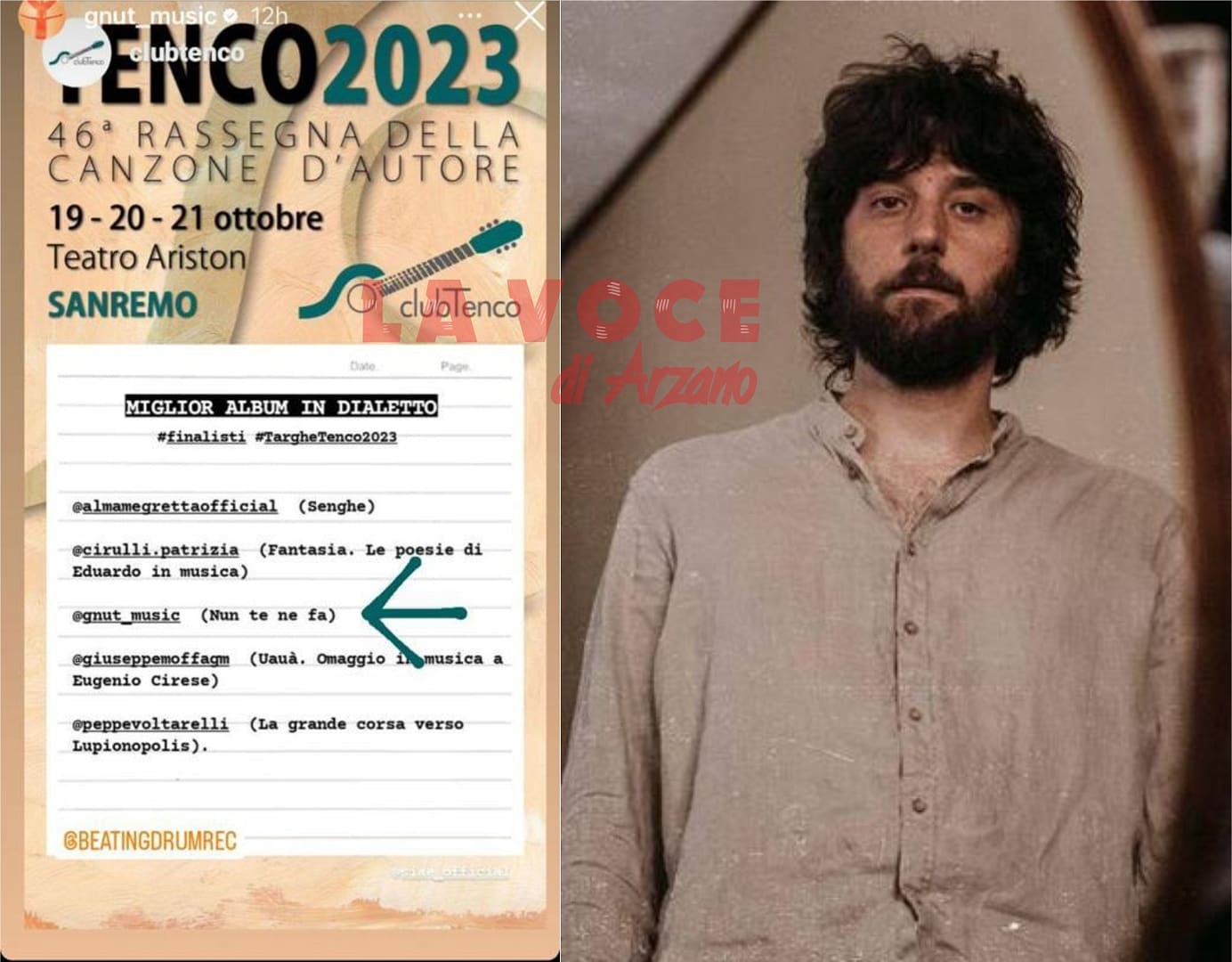 Il cantautore arzanese Gnut finalista al premio Tenco 2023