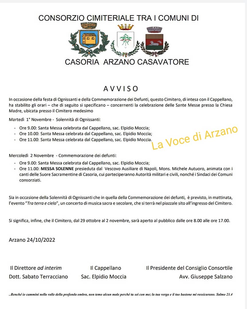 Commemorazione dei defunti, orario Sante Messe, apertura e chiusura del Cimitero